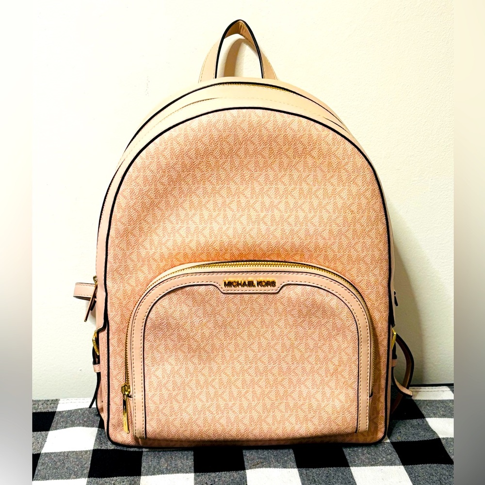 Michael Kors Womens Jaycee Logo Backpack (Dark Powder Blush) MK Signature - Picture 2 of 15